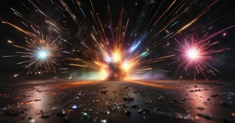 Explosion of shimmering colors covering the black surface with dazzling lights, celebratory scene, shimmering colors, colorful splendor, bright decoration