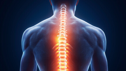 3D render of human back with glowing spine, illustrating pain and anatomy. image conveys sense of discomfort and highlights spine structure