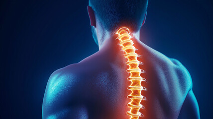 3D render of male back with glowing spine, showcasing anatomy and health. vibrant colors highlight spine structure, emphasizing its importance in human body