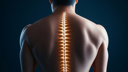 3D render of male back showcasing glowing spine, highlighting anatomical features and emphasizing spine structure. image evokes sense of intrigue and fascination