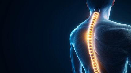 3D render of human back showcasing glowing spine, symbolizing pain relief and health. image highlights spine structure and its importance in overall well being