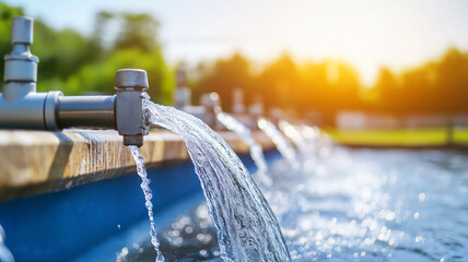 Water flowing from pipes into pool under sunlight, creating serene atmosphere. scene captures beauty of nature and tranquility of flowing water