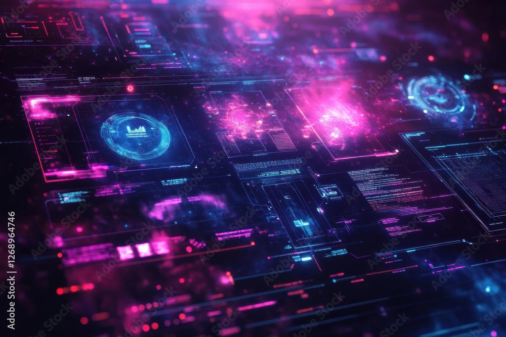 Poster Visual representation of digital technology with colorful data projections in a futuristic space. Generative AI