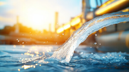 Water flowing over dam in urban environment, illuminated by sunset. scene captures beauty of nature and industry, showcasing dynamic movement of water