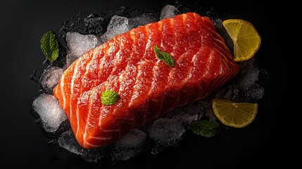 Fresh raw salmon fillet on ice with mint and lemon slices on black background