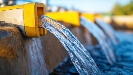 Water flows from industrial pipes into reservoir, creating serene scene. bright yellow outlets contrast with clear water, reflecting sunlight beautifully