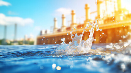 Water splashing in urban environment with power plant backdrop, showcasing dynamic interaction between nature and industry. scene captures essence of urban life