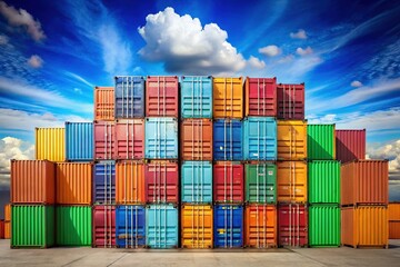 Fototapeta premium Colorful Stacked Shipping Containers Under a Cloudy Sky - Stock Photo