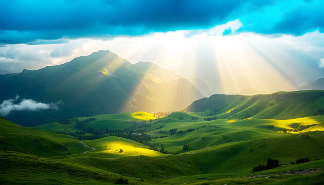 Sunrays breaking through clouds over green hills and mountain landscape, serene natural beauty and peaceful scene with dramatic lighting in nature