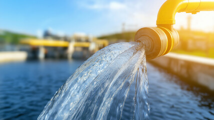 Water flowing from yellow pipe into reservoir, showcasing industrial infrastructure and clear blue skies. scene evokes sense of efficiency and nature beauty
