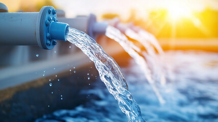 Water flows from pipes into reservoir, creating serene and refreshing scene. sunlight reflects off water, enhancing tranquil atmosphere