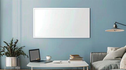 A white rectangular frame above a coffee table in the living room with a cup, laptop, and books nearby.  HD 8K mockup wallpaper Photographic Image