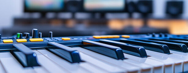 Close up view of modern music production keyboard with black and white keys, showcasing buttons and controls, set in studio environment with blurred monitors in background