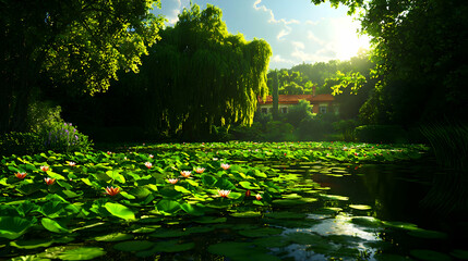 Lush Lily Pond Shimmers Under Bright Sunlight in Nature's Garden With Green Leaves Reflecting on Water and Building in Background