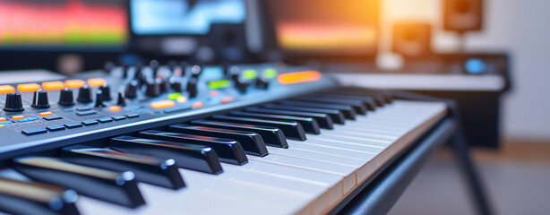 Modern music production equipment with close up view of keyboard, showcasing vibrant controls and keys. background features studio monitors and digital audio workstation, creating inspiring