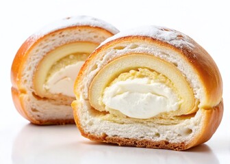Half a Sweet Roll with Creamy Filling on White Background - Delicious Pastry, Bakery Treat, Food Photography