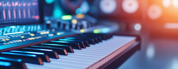 Close up of modern music production studio featuring keyboard, mixing console, and studio monitors, creating vibrant and creative atmosphere for music production