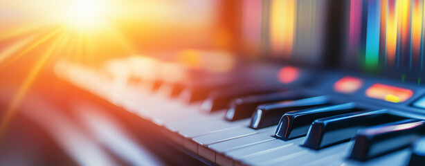 Close up of music keyboard in recording studio, showcasing keys and vibrant lighting. warm glow of sunlight enhances creative atmosphere, inspiring musical expression