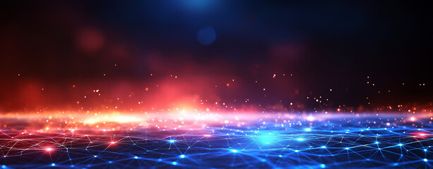 Abstract digital grid background with glowing lights in red and blue hues, creating vibrant and dynamic atmosphere. Perfect for technology and futuristic themes