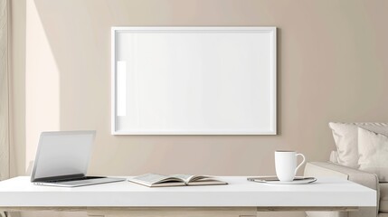 A white rectangular frame above a coffee table in the living room, with a cup, a laptop, and an open book beside it HD 8K mockup wallpaper Photographic Image
