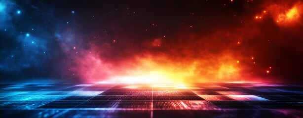 vibrant abstract background featuring glowing grid with colorful light effects, creating dynamic and energetic atmosphere. blend of blue, orange, and red hues adds depth and intrigue