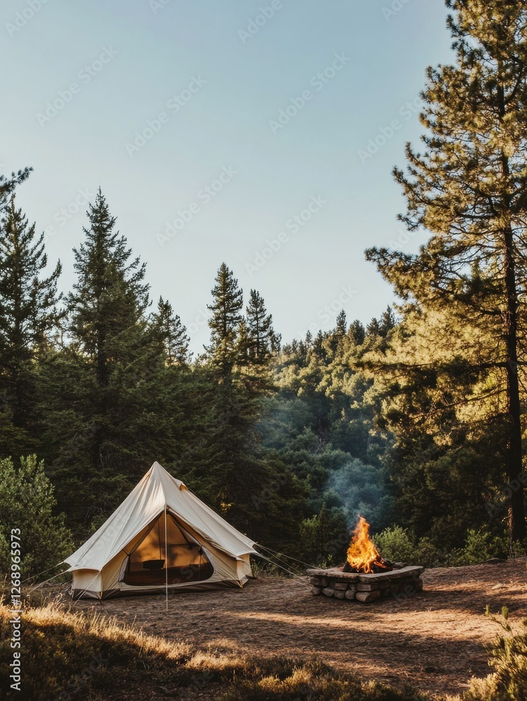 Aufkleber cozy campsite with a tent and fire pit surrounded by pine trees in a serene forest setting during da