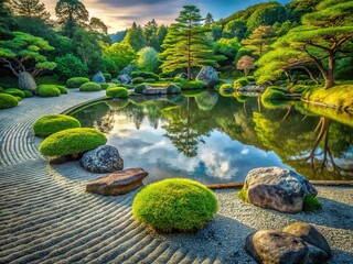 Serene Japanese Zen Garden: Tranquil Pond, Rocks, and Moss Background