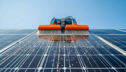 Electric solar panel cleaning machine at work, with sponges and bright sunlight above rooftops