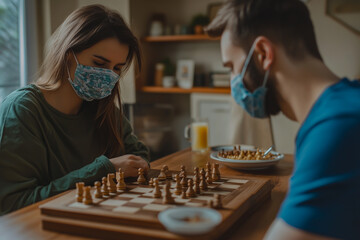 A masked couple playing chess at home with breakfast on the table.