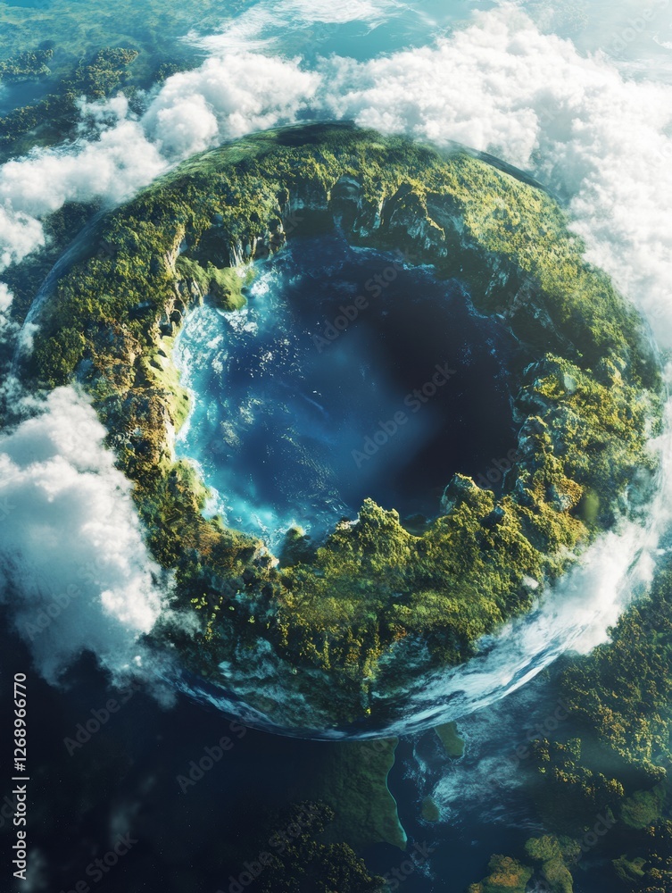 Aufkleber Mysterious circular island surrounded by clouds and ocean in a surreal landscape. Generative AI
