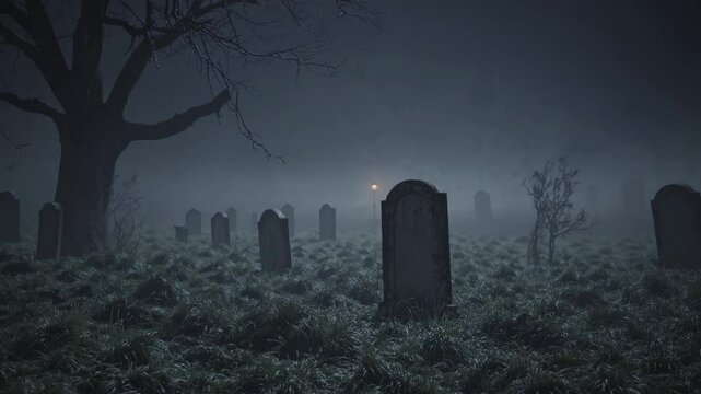 Eerie video scene of a foggy graveyard at night, captured from a low angle. A leafless tree and tombstones create a haunting atmosphere.