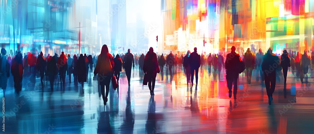 Poster vibrant and dynamic cityscape at night with a crowd of blurred figures moving through the streets am