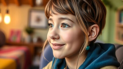 A girl with short brown hair and blue eyes is smiling. She is wearing a blue hoodie and has a pair of earrings