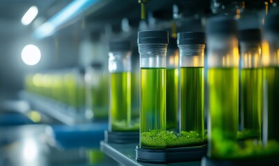 Science lab with many green liquid test tubes.