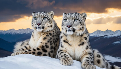 Obraz premium A pair of endangered snow leopards resting on a snowy mountain ledge, their thick fur blending into the icy environment under a dramatic sky