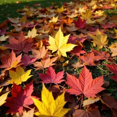 Close-up of scattered maple leaves on ground, sunlight dappled , leaves, maple leaves