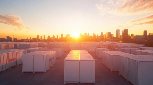 Massive redox flow battery storage containers at an industrial power grid site.