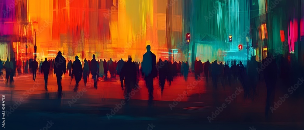 Aufkleber vibrant and dynamic nighttime city street scene with a crowd of colorful illuminated silhouettes and