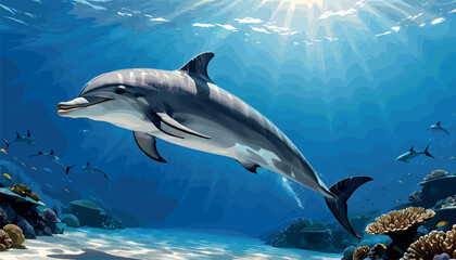 Naklejka premium Majestic Dolphin Swimming in Vibrant Coral Reef