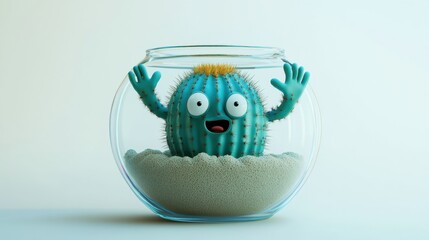 Cute Cartoon Cactus Character in Glass Bowl with Sand Base