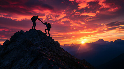 Two hikers, one helping the other reach the summit of a mountain. Silhouetted against a vibrant sky, emphasizing camaraderie and support. Rugged terrain, sense of accomplishment and adventure