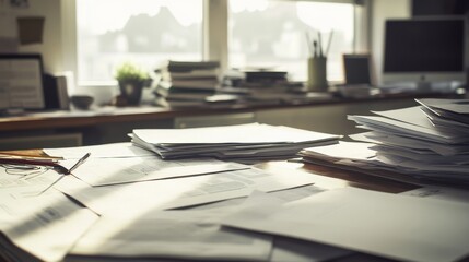 Office desk with documents and soft light on a sunny day