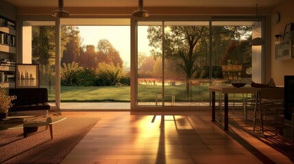 Golden Hour Serenity: Modern Living Space with Breathtaking Nature Views