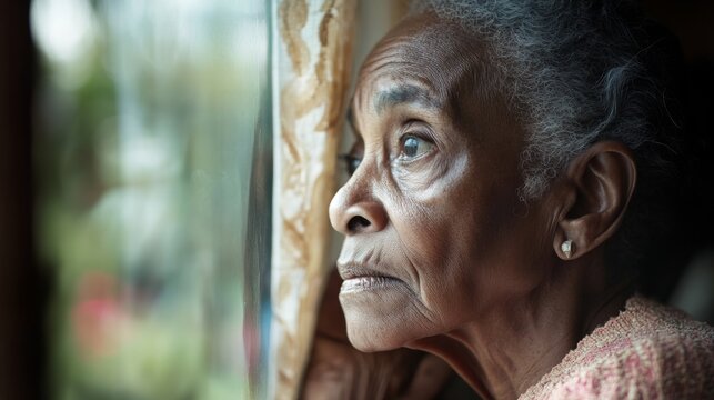 Elderly woman gazing out window in a thoughtful pose