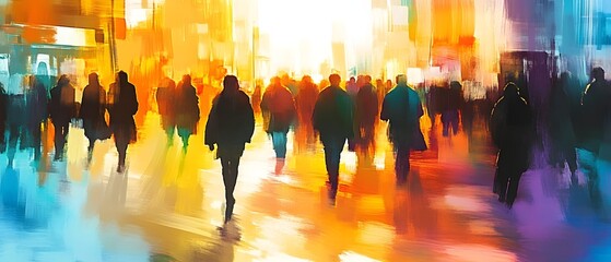 Obraz premium Vibrant cityscape depicting silhouettes of a bustling crowd of people walking along an illuminated urban street in a modern metropolitan area