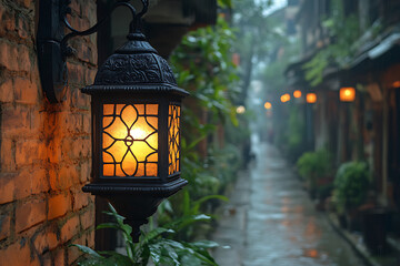 Ornate Black Lantern Illuminating a Rainy Alley