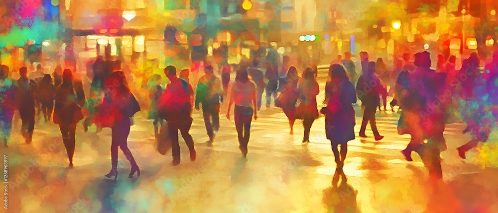 Poster vibrant colorful city street scene at night with a blurred crowd of anonymous commuters silhouettes 