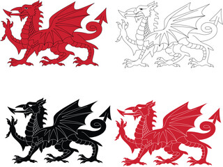Red welsh dragon. Red dragon graphic sign. Welsh Pride. Dragon of wales.