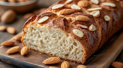 Almond bread loaf sliced, wooden board, kitchen