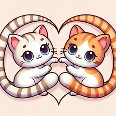 Naklejka premium Adorable Cartoon Kittens Holding Paws with Heart Background 